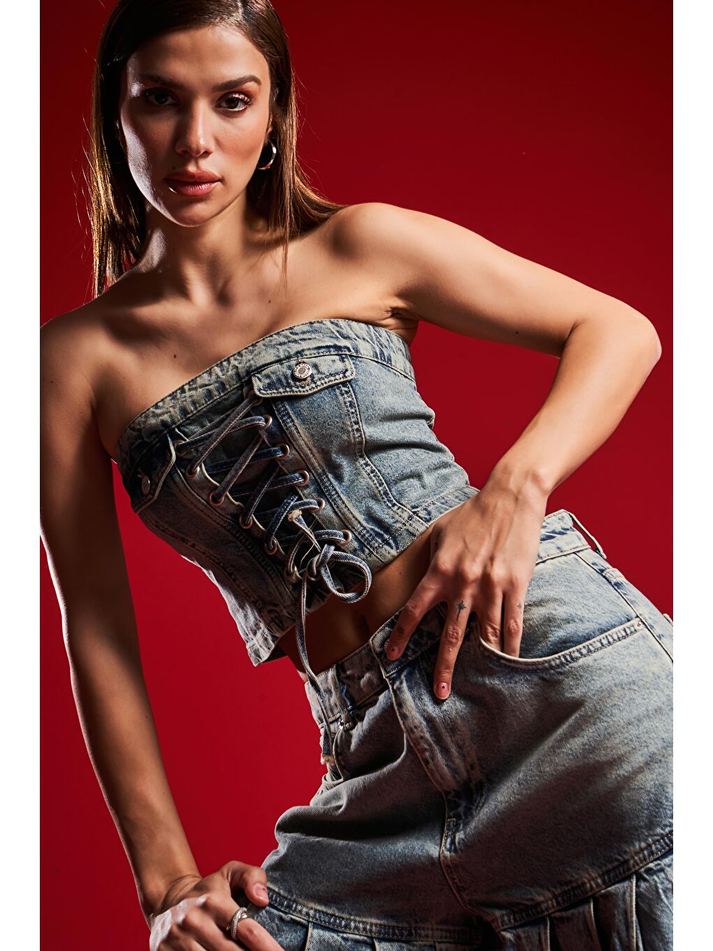 Mavi Kadın T.Kot Rengi 3S5-75 Bağcık Detaylı %100 Pamuk Tasarım Denim Büstiyer-1