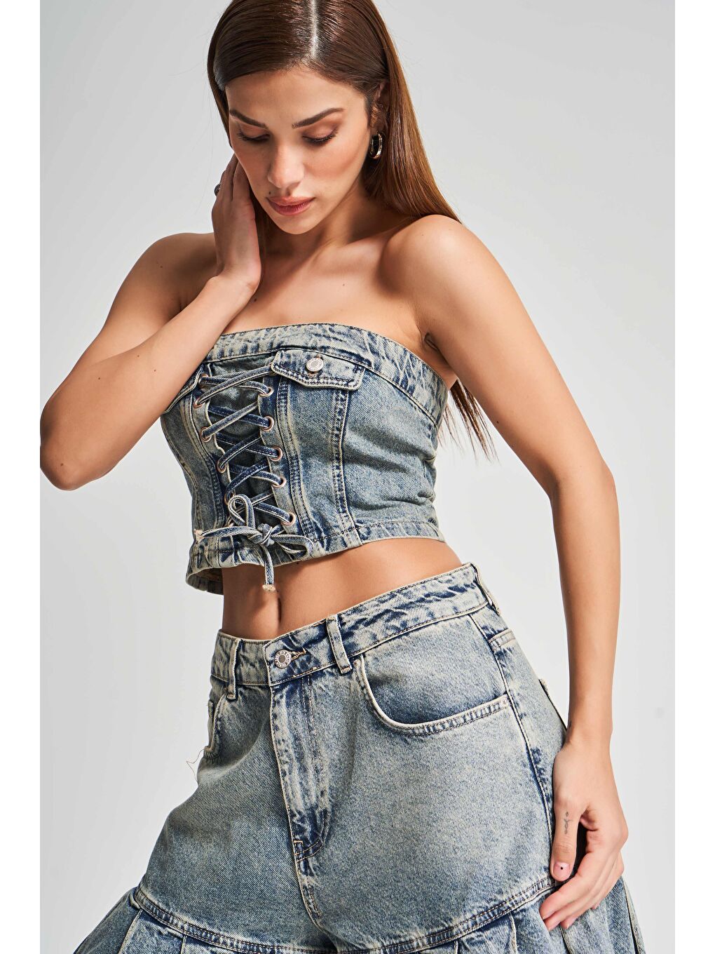 Mavi Kadın T.Kot Rengi 3S5-75 Bağcık Detaylı %100 Pamuk Tasarım Denim Büstiyer-2