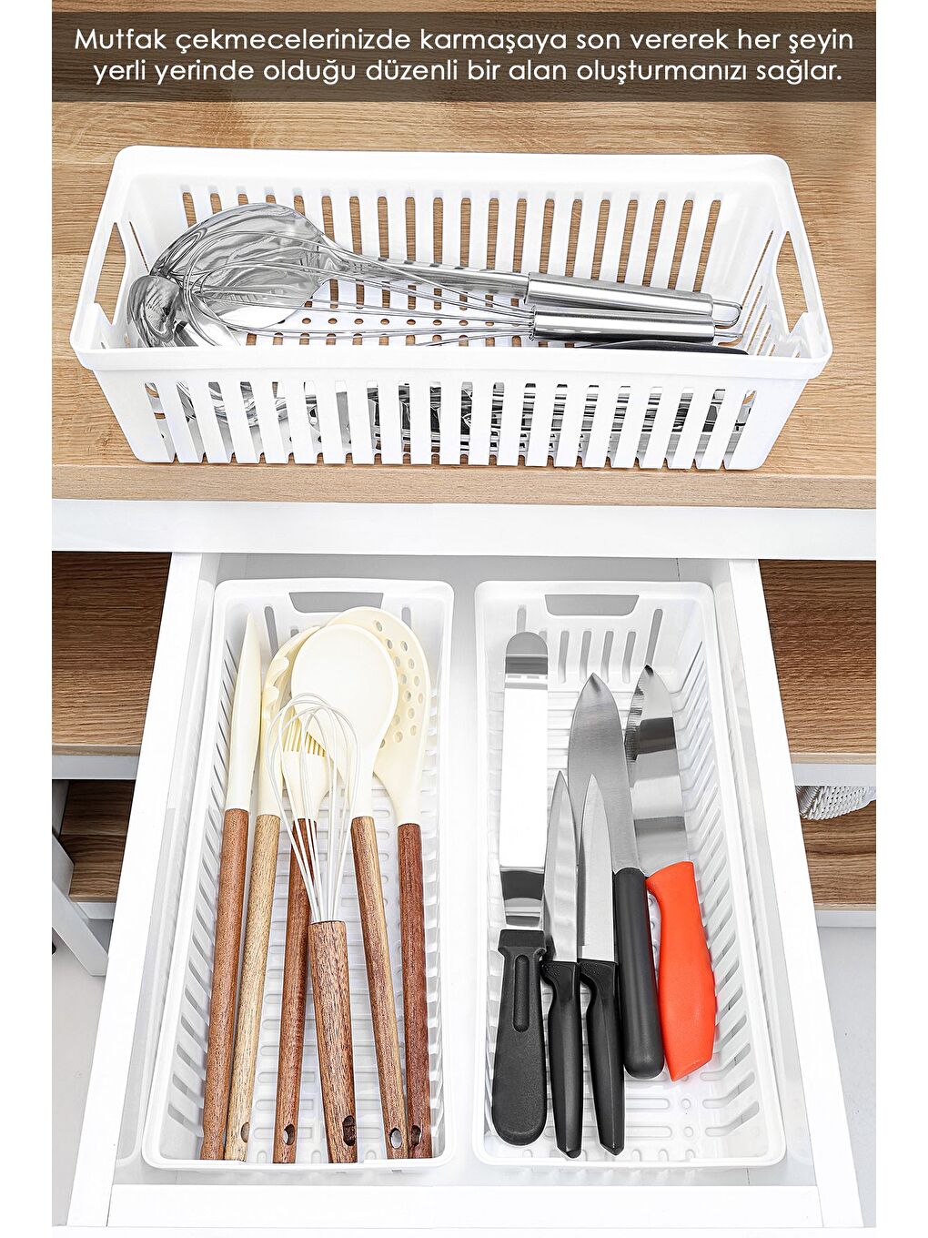 3'lü Modüler Kaşıklık Seti Mutfak Düzenleyici Çekmece İçi Organizer Bıçaklık Kepçelik Beyaz-2