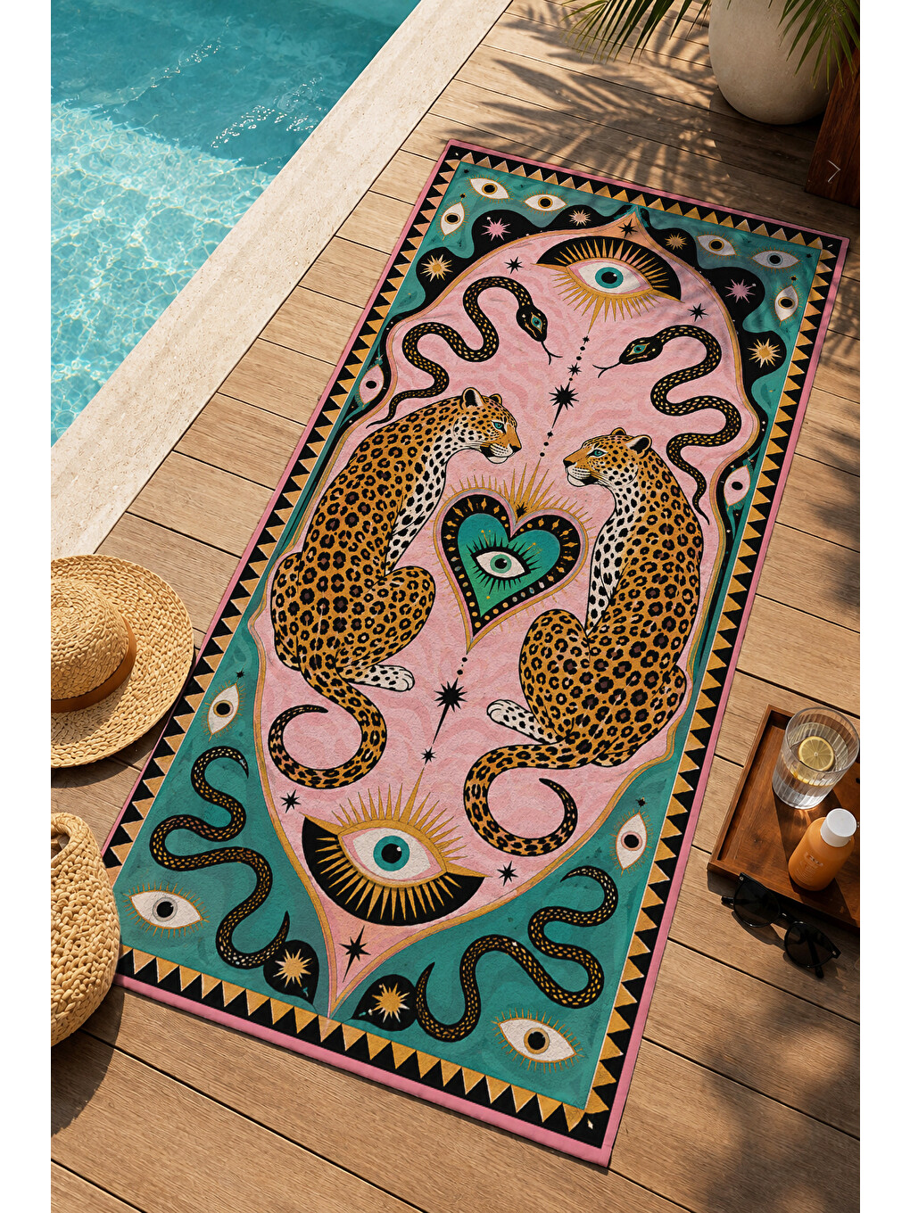 Pembe Maximalist Leopar Kalp Ve Dalgalı Çizgi Desenli 70x150 Plaj Havlusu - Pamuklu Banyo Havlusu