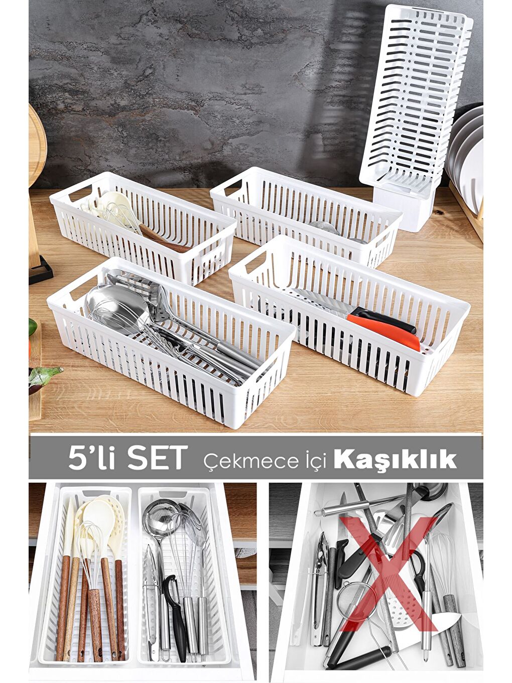 5'li Modüler Kaşıklık Seti Mutfak Düzenleyici Çekmece İçi Organizer Bıçaklık Kepçelik Beyaz