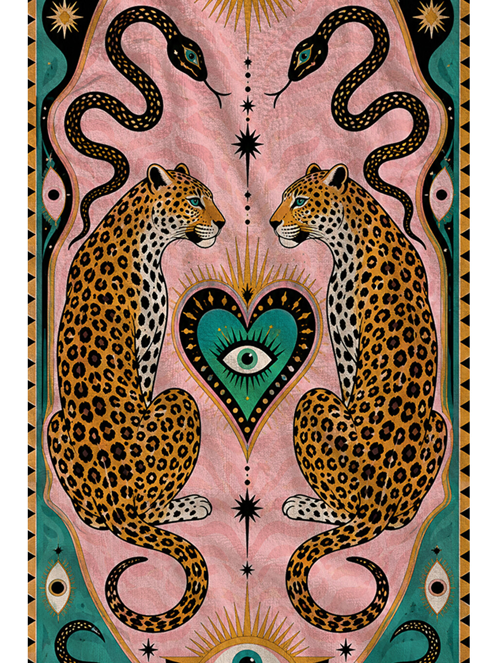 Pembe Maximalist Leopar Kalp Ve Dalgalı Çizgi Desenli 70x150 Plaj Havlusu - Pamuklu Banyo Havlusu-1