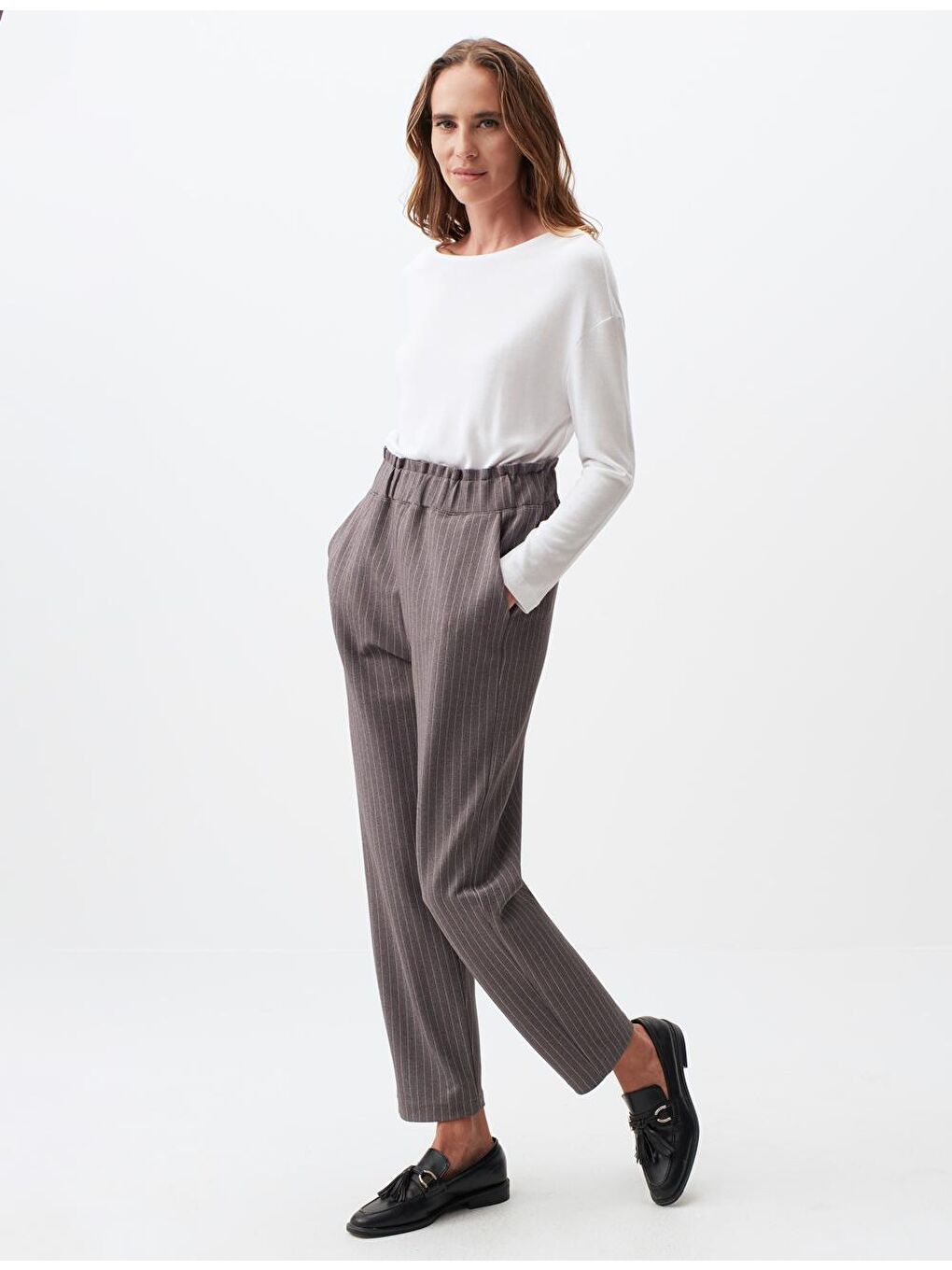 Antrasit Yüksek Bel Çizgi Desenli Kumaş Pantolon-2