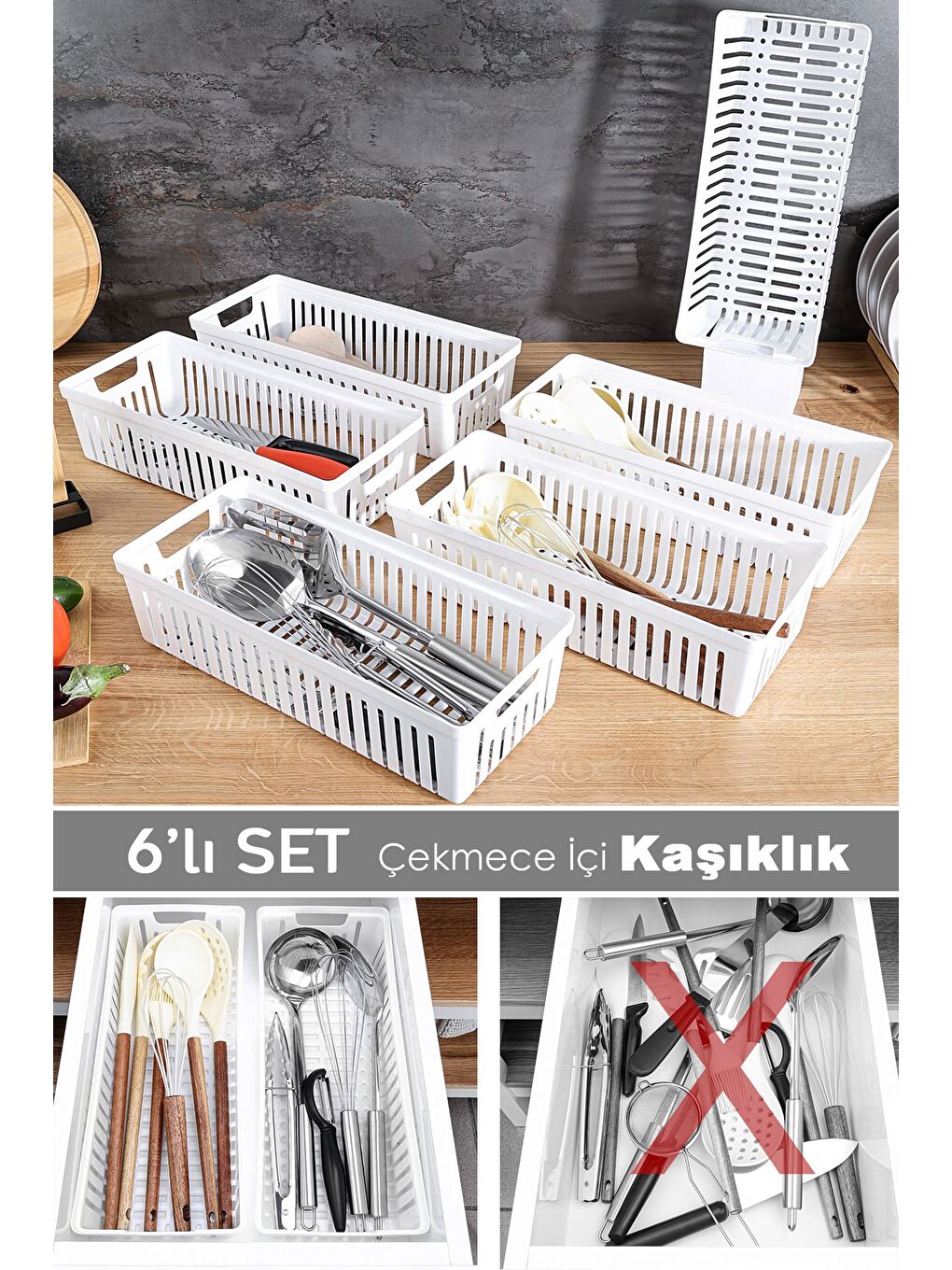 6'lı Modüler Kaşıklık Seti Mutfak Düzenleyici Çekmece İçi Organizer Bıçaklık Kepçelik Beyaz