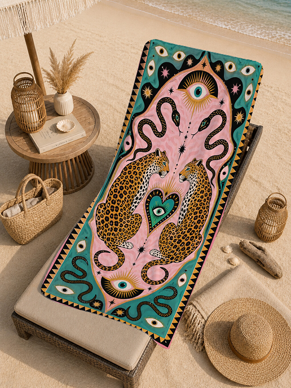 Pembe Maximalist Leopar Kalp Ve Dalgalı Çizgi Desenli 70x150 Plaj Havlusu - Pamuklu Banyo Havlusu-2