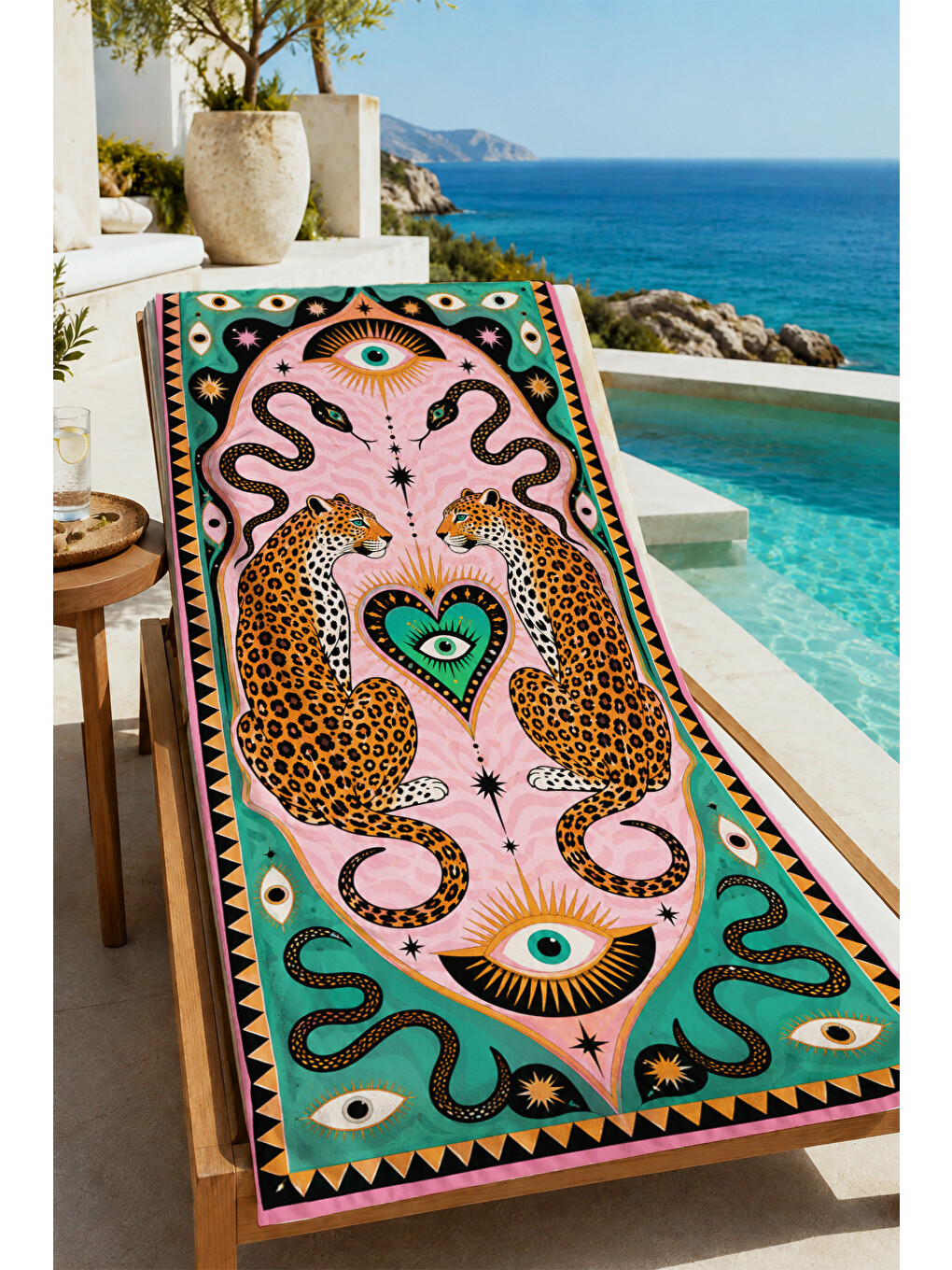 Pembe Maximalist Leopar Kalp Ve Dalgalı Çizgi Desenli 70x150 Plaj Havlusu - Pamuklu Banyo Havlusu-3