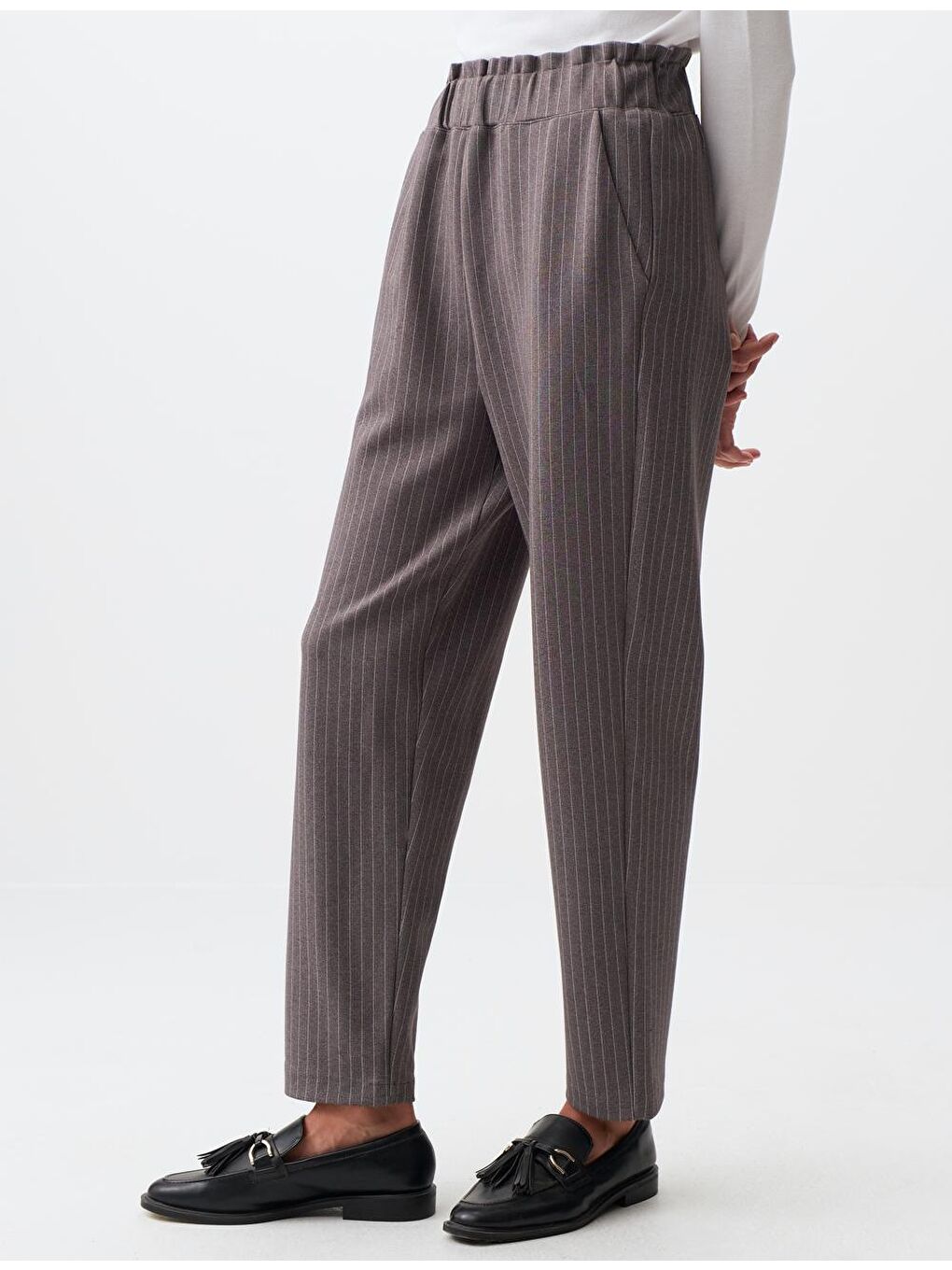 Antrasit Yüksek Bel Çizgi Desenli Kumaş Pantolon-4