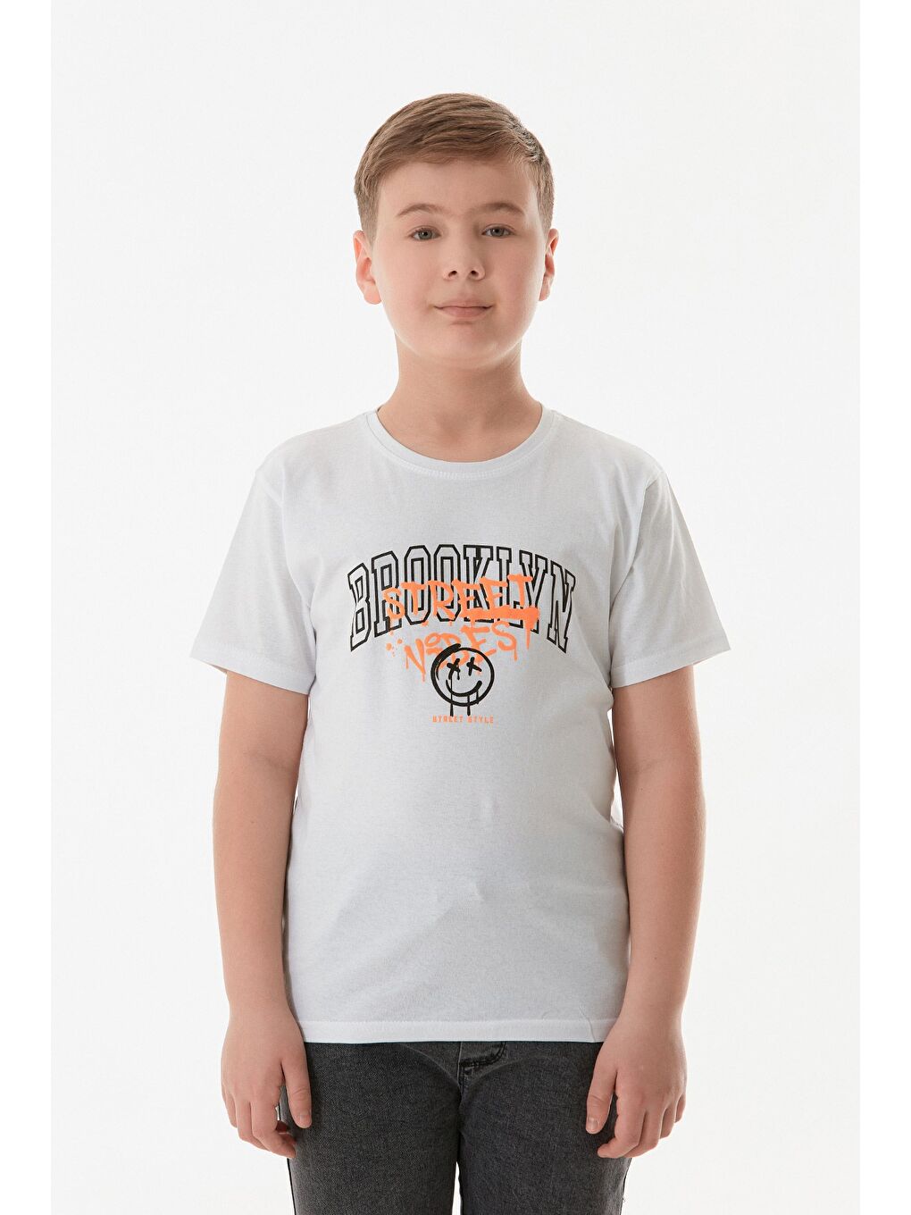 Beyaz Brooklyn Yazı Baskılı Erkek Çocuk Tişört-3