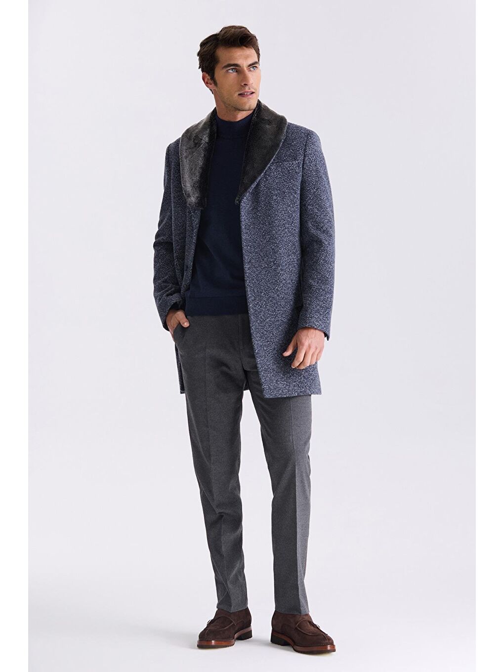 Koyu Lacivert Regular Fit Çıkarılabilir Kürklü Yaka Desenli Yünlü Kaban-1