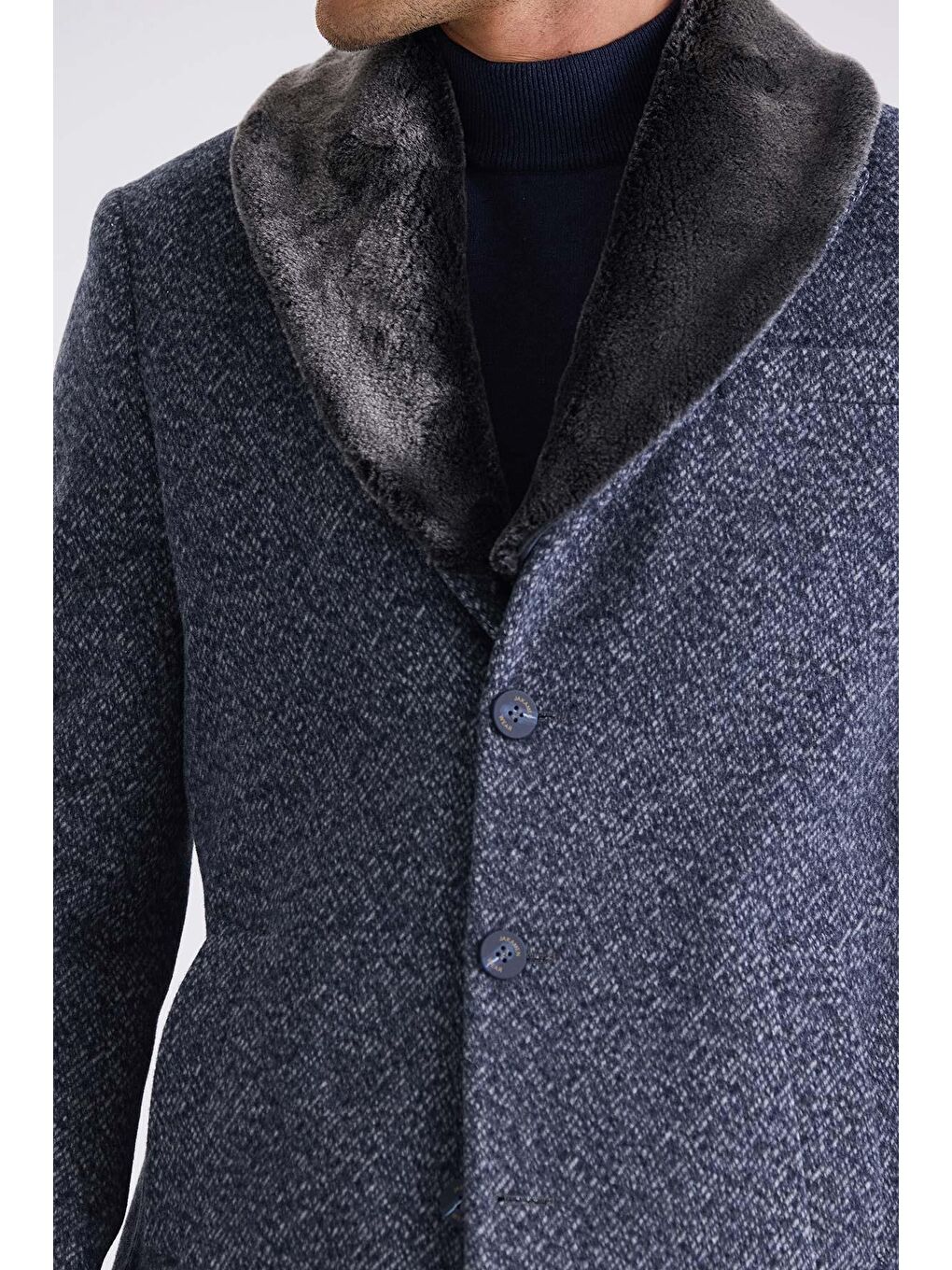 Koyu Lacivert Regular Fit Çıkarılabilir Kürklü Yaka Desenli Yünlü Kaban-2