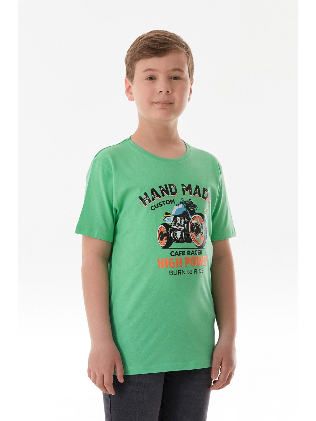 Yeşil %100 Pamuk Motorsiklet Baskılı Erkek Çocuk Tişört