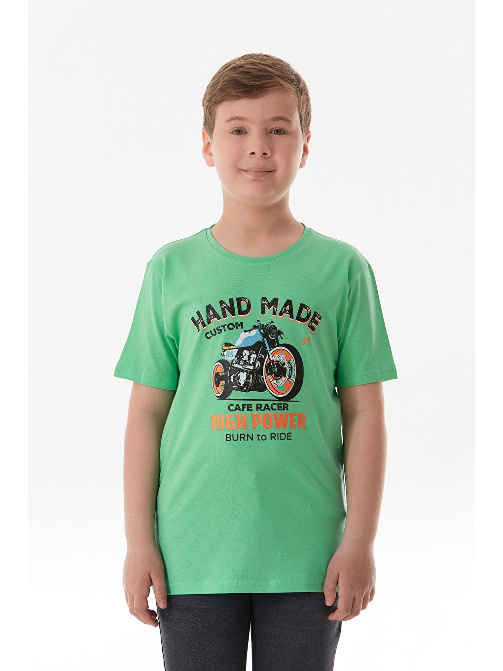Yeşil %100 Pamuk Motorsiklet Baskılı Erkek Çocuk Tişört-1