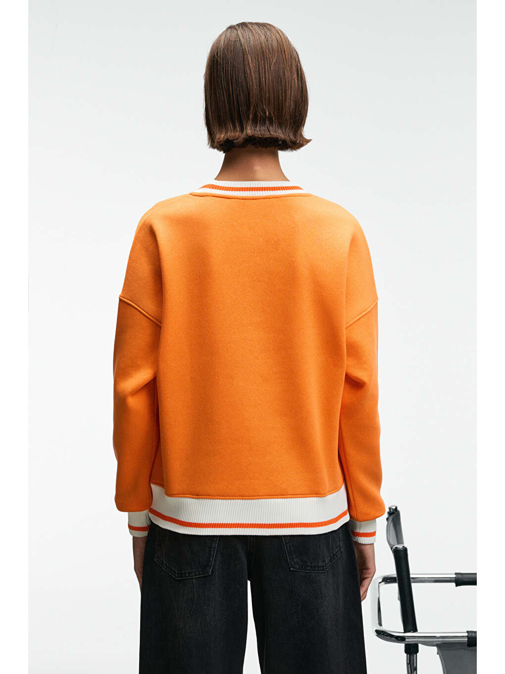 Vallune Kadın Kontrast Triko Etek Ucu Manşet Ve Yakalı Nakış Crop Turuncu Sweatshirt-5