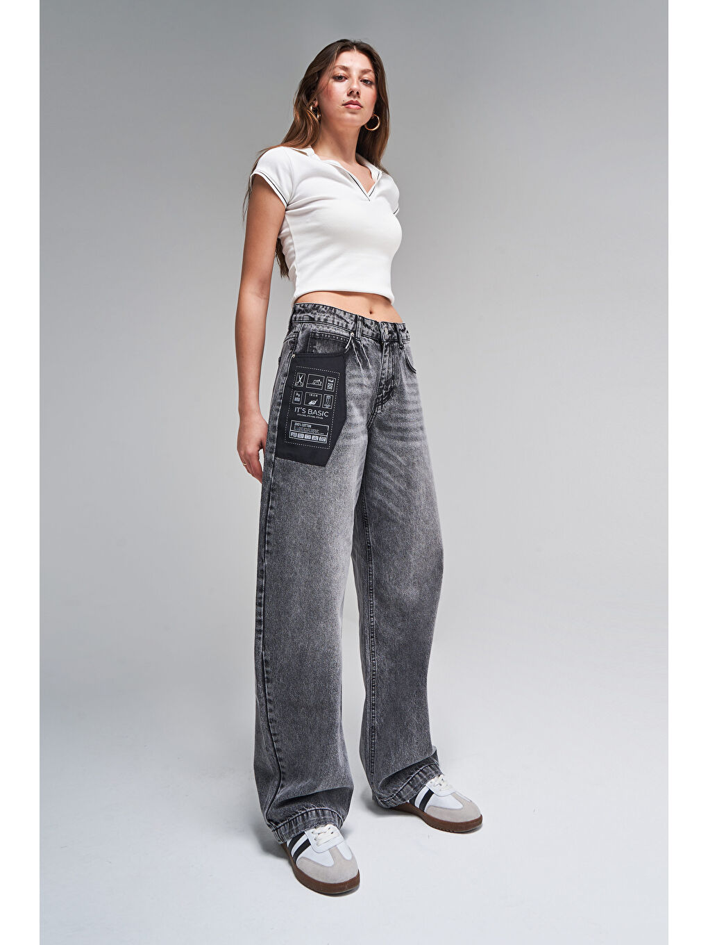 Gri Kadın Füme Renk 2S5-73 %100 Pamuk Cep Detaylı Baggy Fit Denim Jean-4