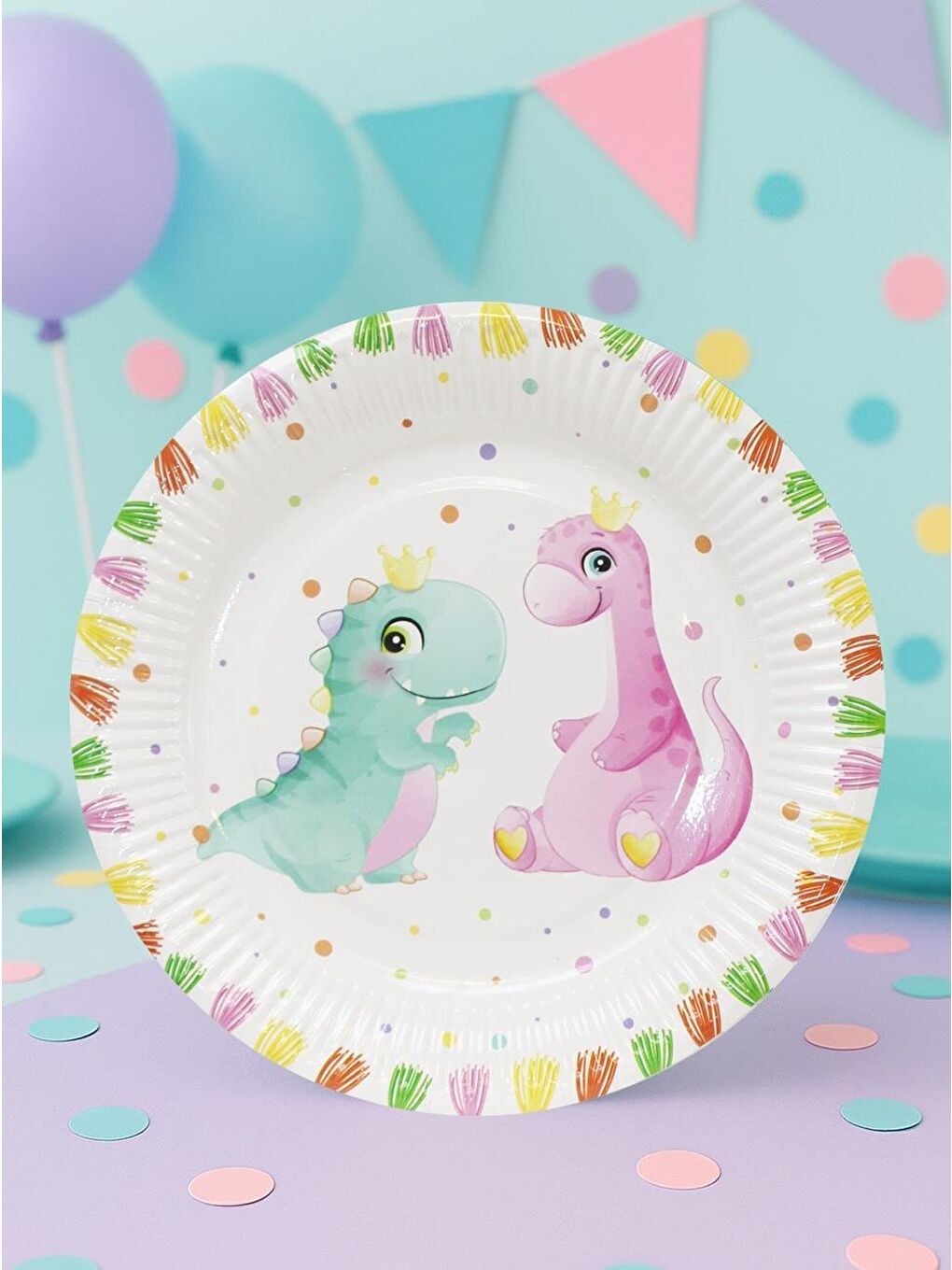Beyaz Sevimli Dinozor Temalı Tabak Karton Doğum Günü Tabağı 8'li