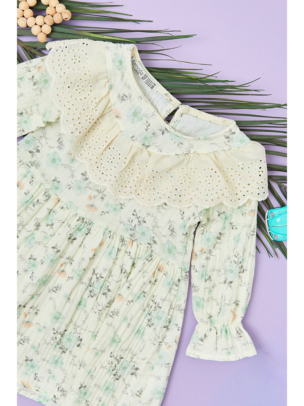 Yeşil %100 Pamuk Çiçekli Dantelli Kız Çocuk Elbise-1