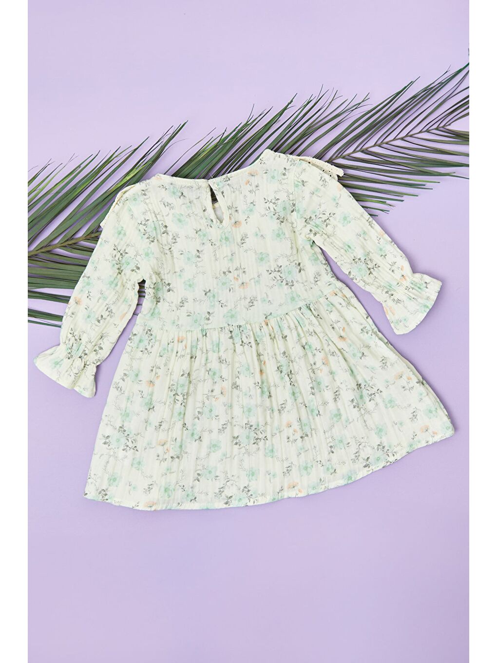 Yeşil %100 Pamuk Çiçekli Dantelli Kız Çocuk Elbise-2
