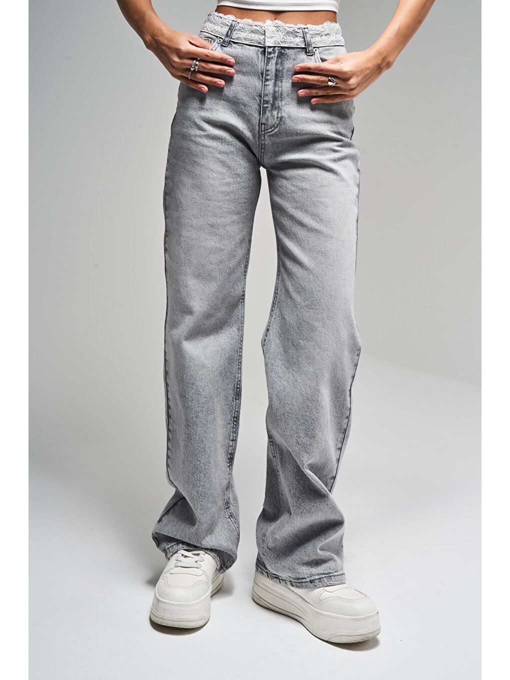 Kadın Gri Renk D4S5-12 Kemeri Dantelli Straight Fit Yüksek Bel %100 Pamuk Denim Jean