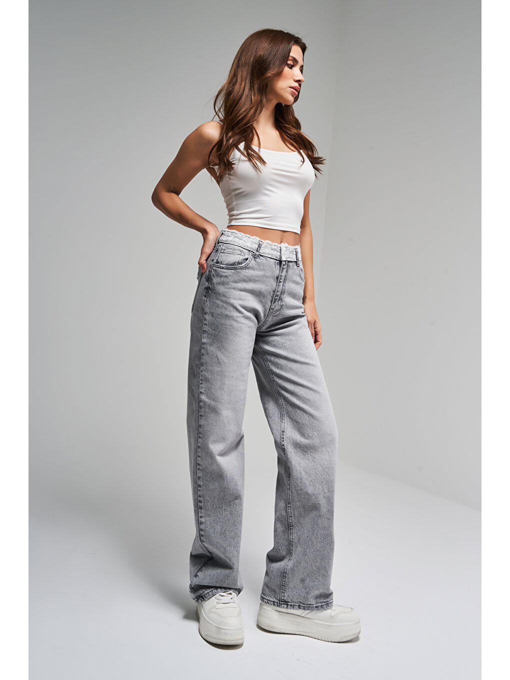 Kadın Gri Renk D4S5-12 Kemeri Dantelli Straight Fit Yüksek Bel %100 Pamuk Denim Jean-1