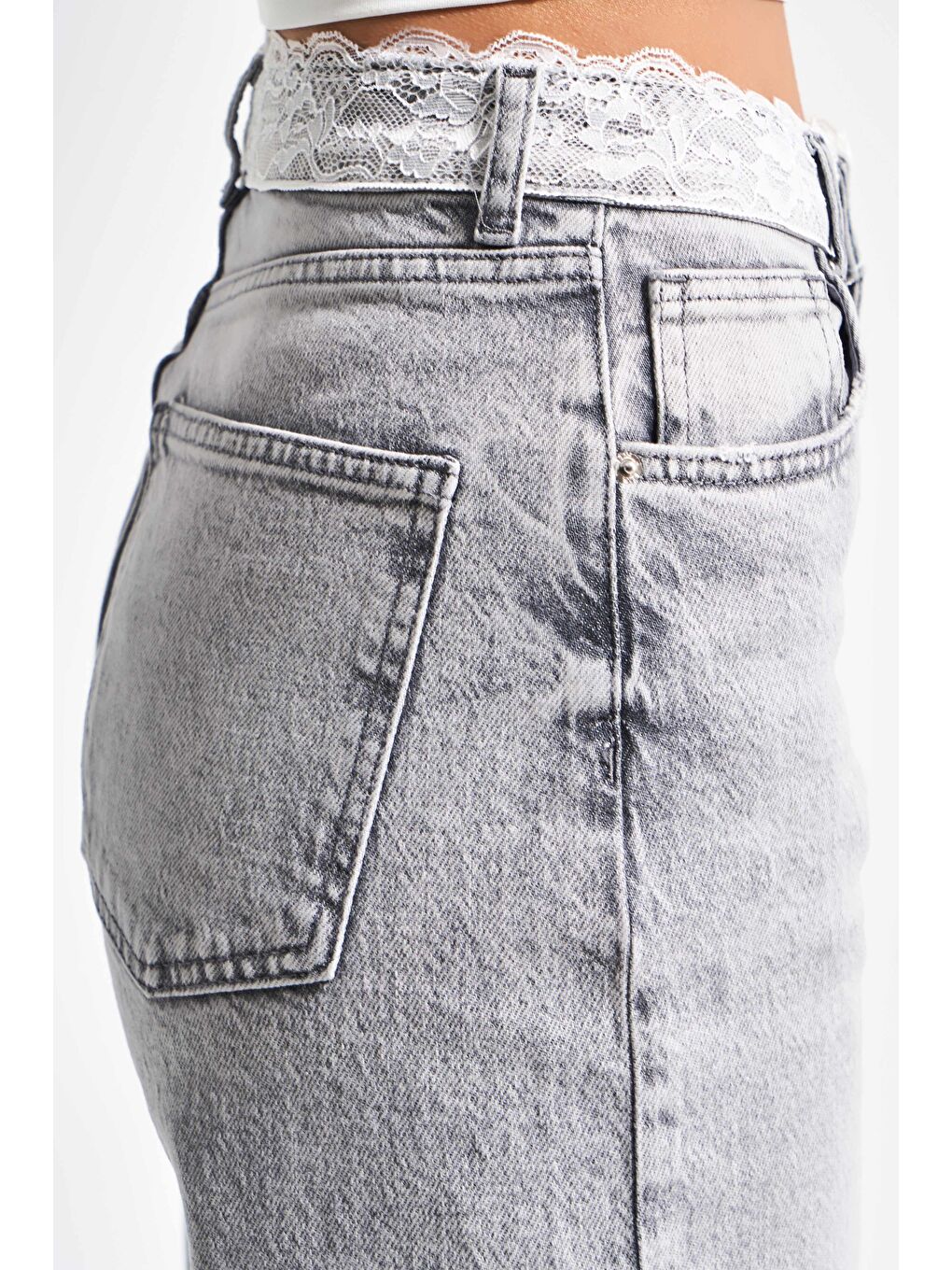 Kadın Gri Renk D4S5-12 Kemeri Dantelli Straight Fit Yüksek Bel %100 Pamuk Denim Jean-2