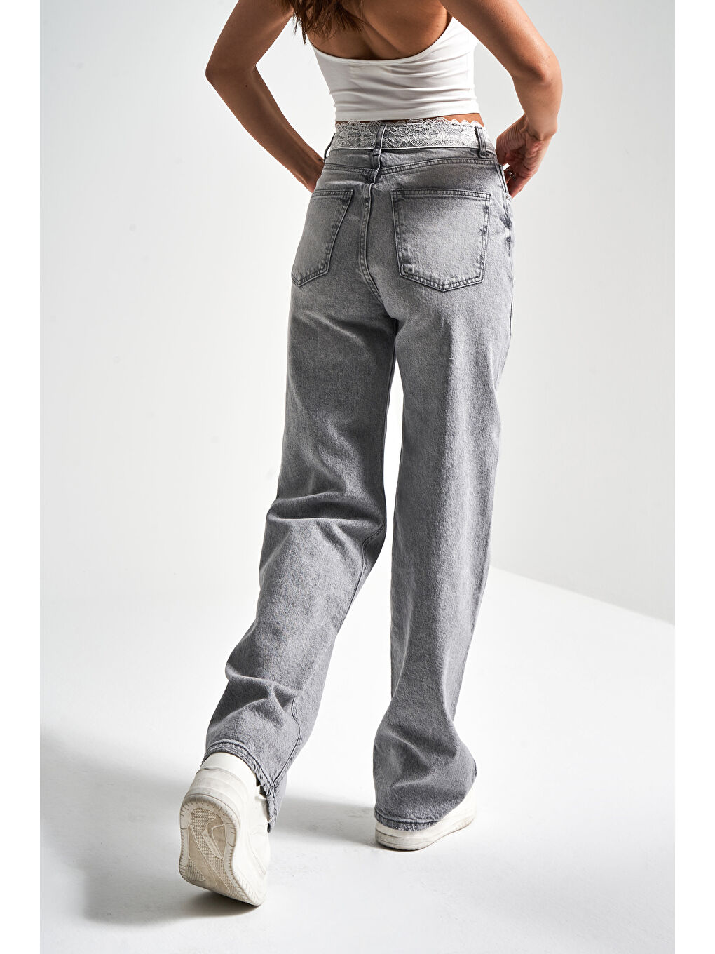 Kadın Gri Renk D4S5-12 Kemeri Dantelli Straight Fit Yüksek Bel %100 Pamuk Denim Jean-3