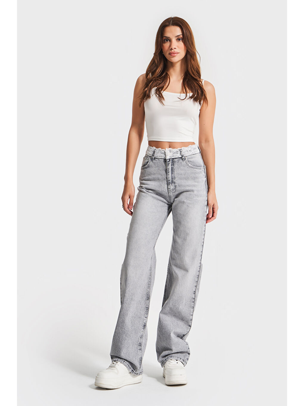 Kadın Gri Renk D4S5-12 Kemeri Dantelli Straight Fit Yüksek Bel %100 Pamuk Denim Jean-4