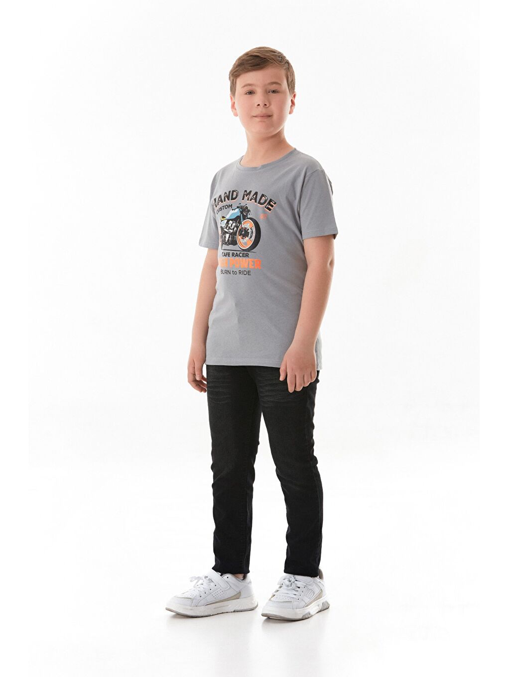 Gri %100 Pamuk Motorsiklet Baskılı Erkek Çocuk Tişört-1