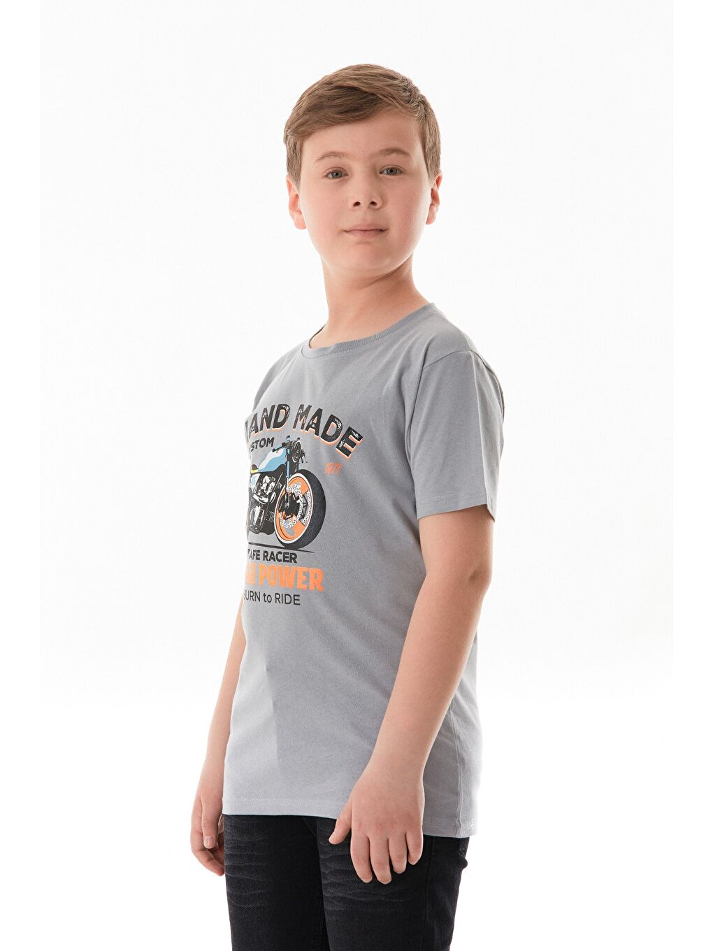 Gri %100 Pamuk Motorsiklet Baskılı Erkek Çocuk Tişört-3