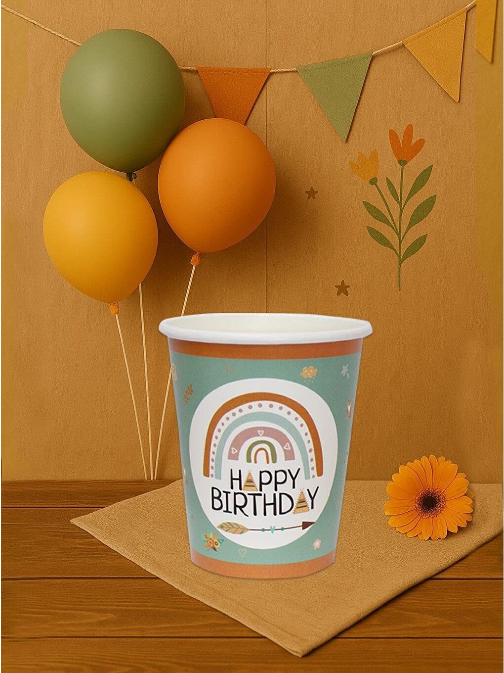 Yeşil Retro Temalı Bardak Karton Doğum Günü Parti Bardağı 8'li