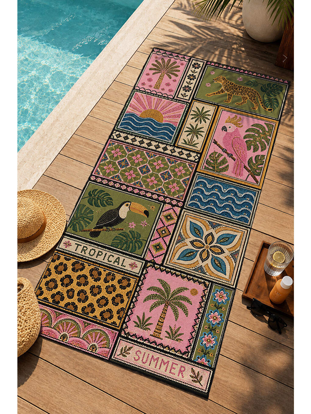 Mavi Bohem Patchwork Palmiye Güneş Ve Dalga Desenli 70x150 Plaj Havlusu - Dijital Baskılı Banyo Havlusu-2