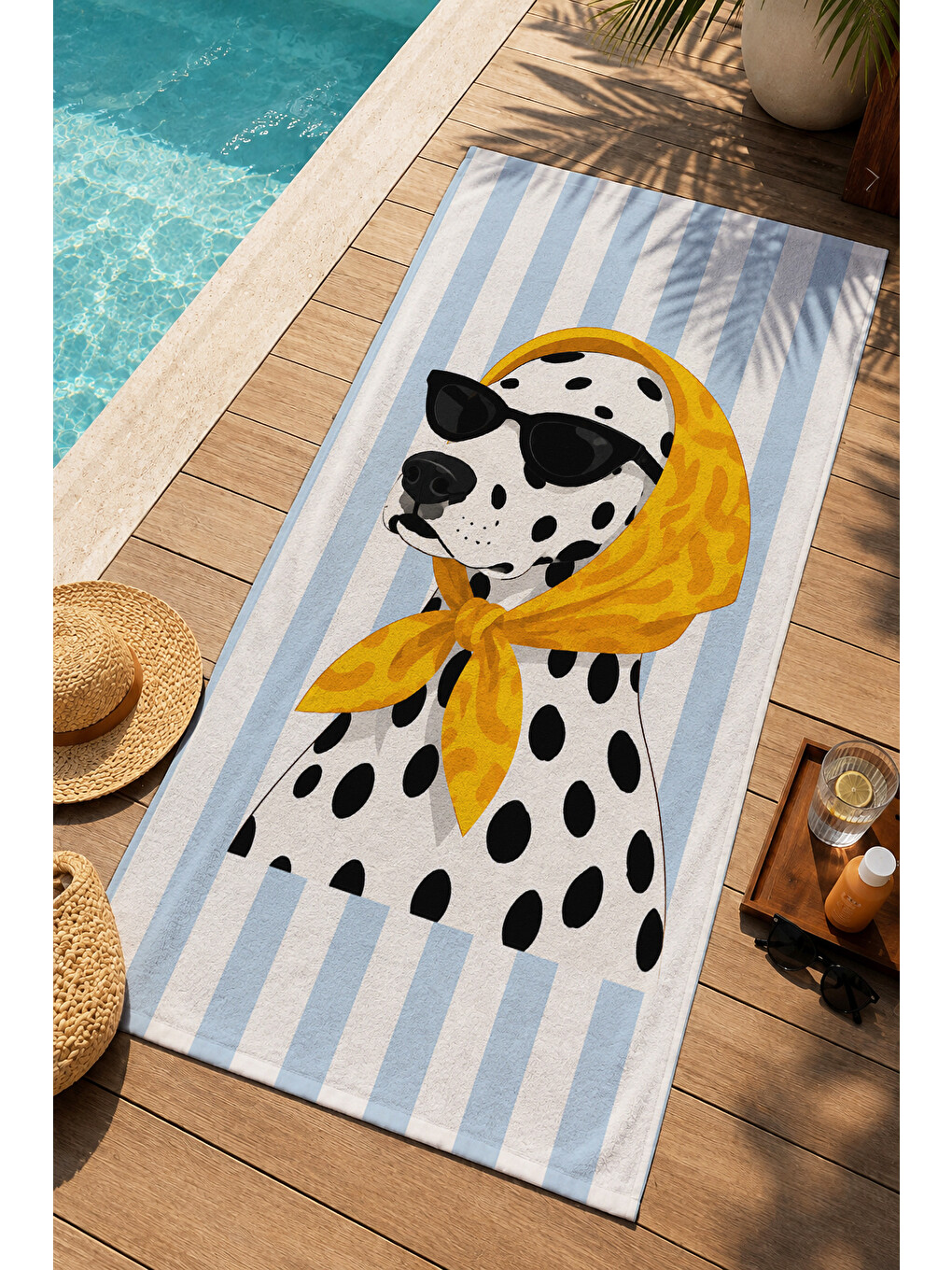 Retro Sarı Eşarplı Dalmaçyalı Köpek Desenli 70x150 Plaj Havlusu - Dijital Baskılı Banyo Havlusu-1