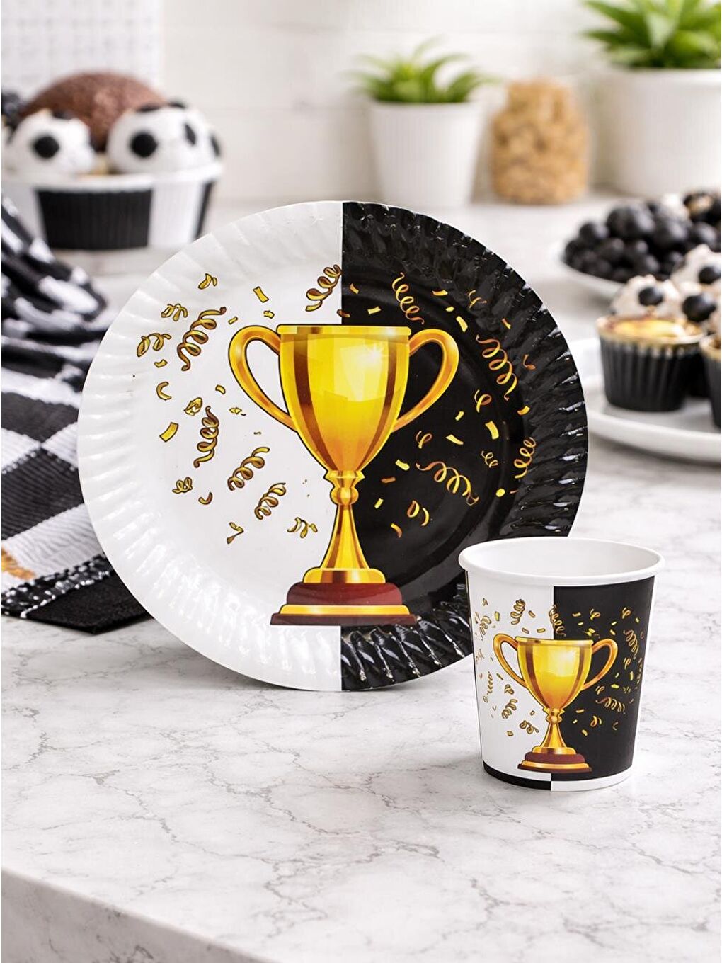 Siyah Beyaz Taraftar Kupa Temalı Karton Tabak Bardak Set 8'li