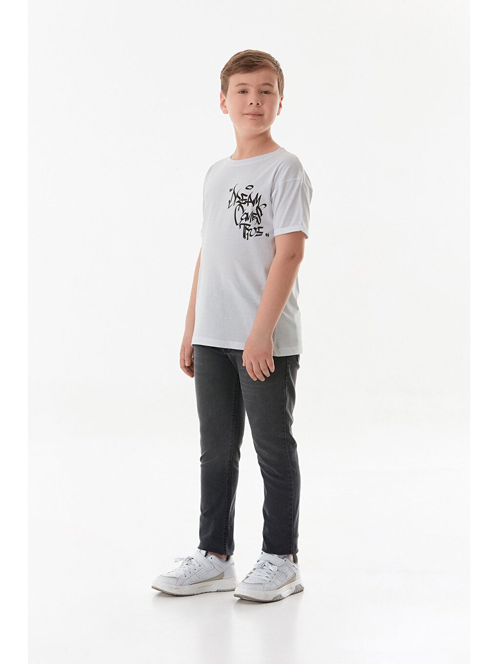 Beyaz %100 Pamuk Yazı Baskılı Erkek Çocuk Tişört-1