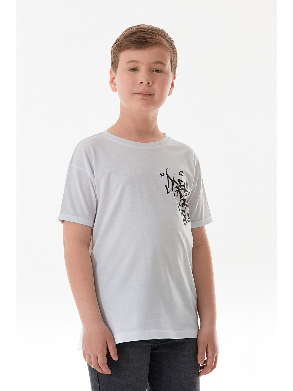 Beyaz %100 Pamuk Yazı Baskılı Erkek Çocuk Tişört-2