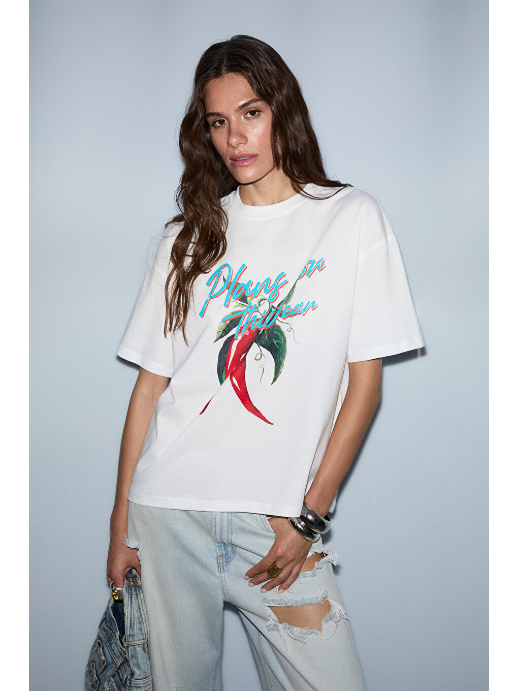 Cassıane Kadın Bisiklet Yaka Kısa Kollu Ön Ve Arka Baskılı Regular Beyaz T-shirt-1