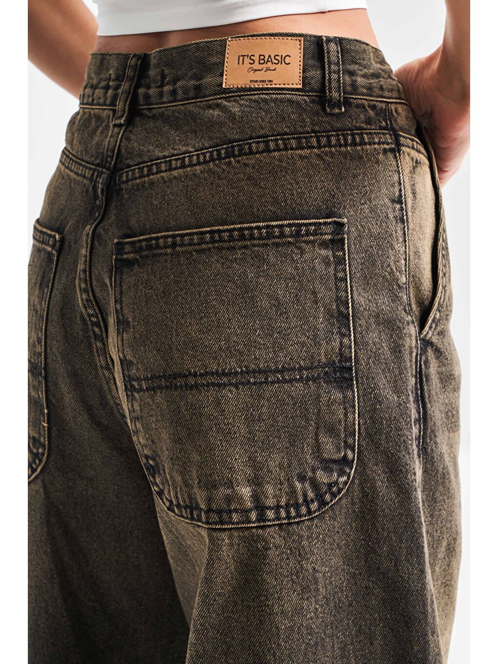 Kadın Haki Jean Rengi Juniper 4S5-86 Skater Fit Bol Kesim %100 Pamuk Orta Bel Denim Jean-1