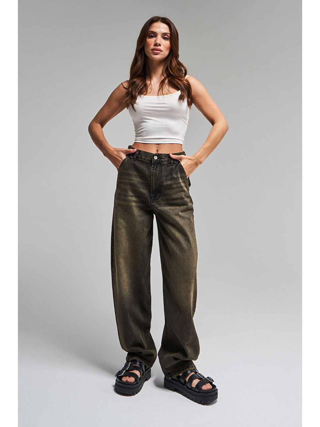 Kadın Haki Jean Rengi Juniper 4S5-86 Skater Fit Bol Kesim %100 Pamuk Orta Bel Denim Jean-2