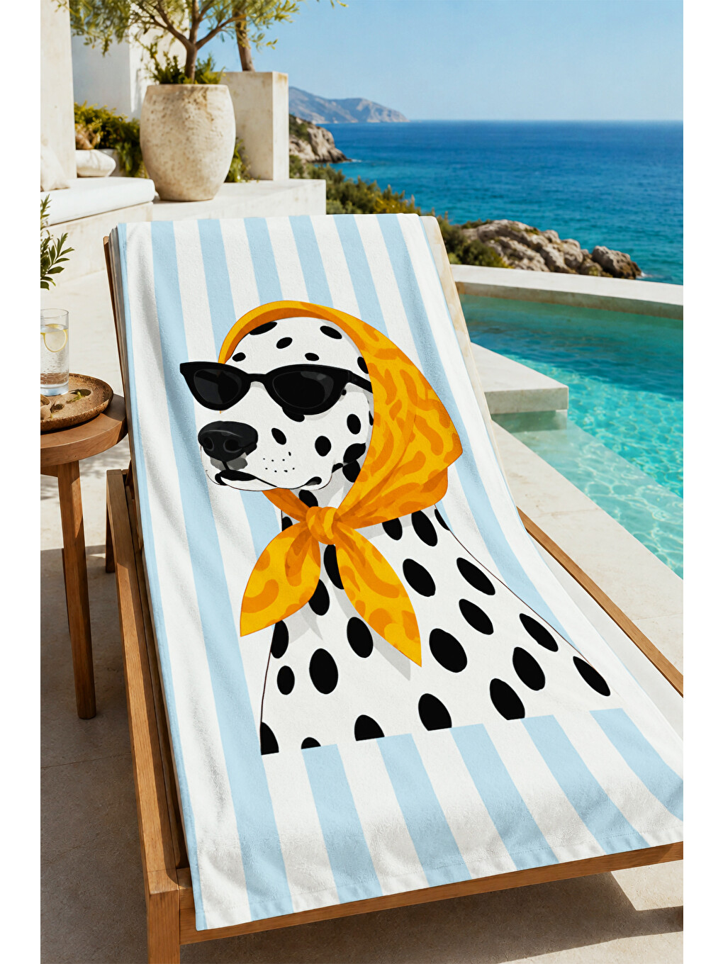 Retro Sarı Eşarplı Dalmaçyalı Köpek Desenli 70x150 Plaj Havlusu - Dijital Baskılı Banyo Havlusu-3