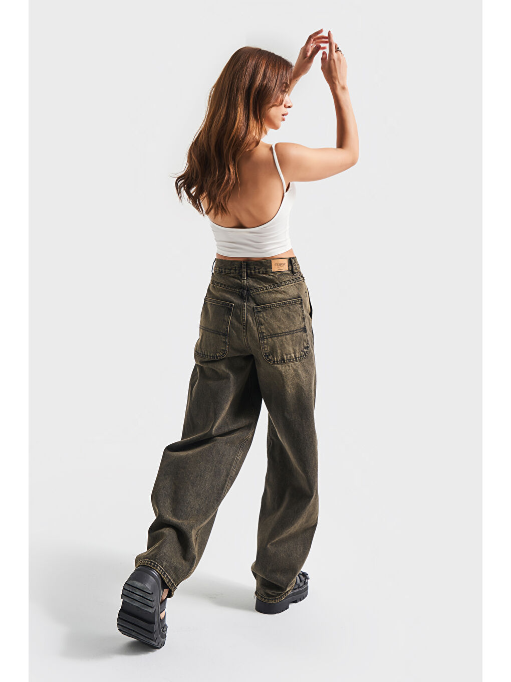 Kadın Haki Jean Rengi Juniper 4S5-86 Skater Fit Bol Kesim %100 Pamuk Orta Bel Denim Jean-4