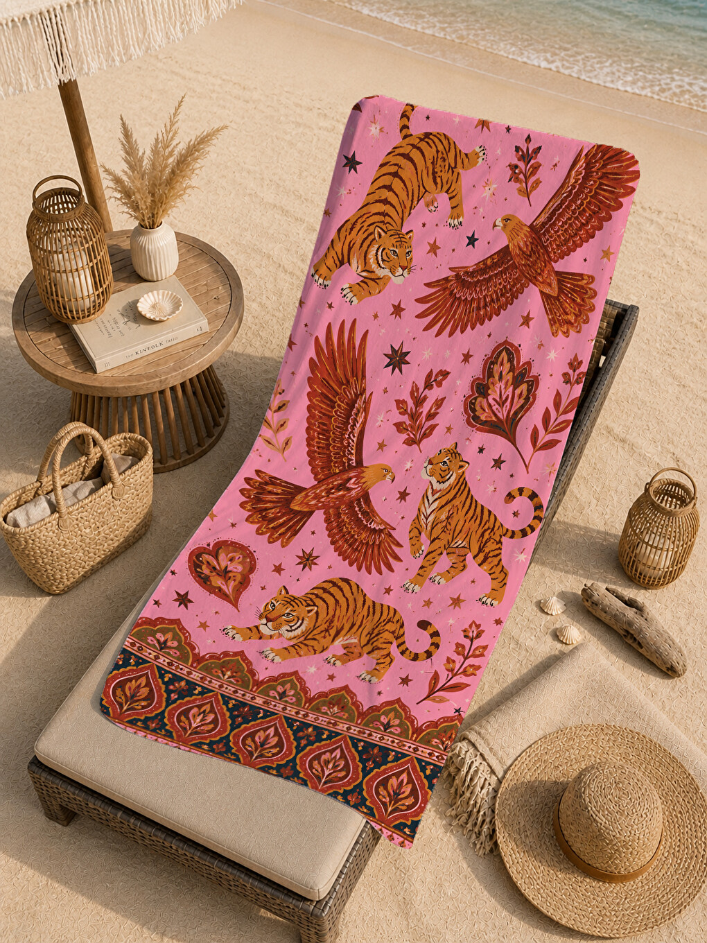 Folk Art Pembe Kuş Ve Çiçek Desenli 70x150 Plaj Havlusu - Dijital Baskılı Solmaz Banyo Havlusu