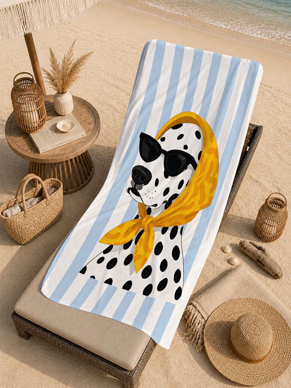 Retro Sarı Eşarplı Dalmaçyalı Köpek Desenli 70x150 Plaj Havlusu - Dijital Baskılı Banyo Havlusu-4