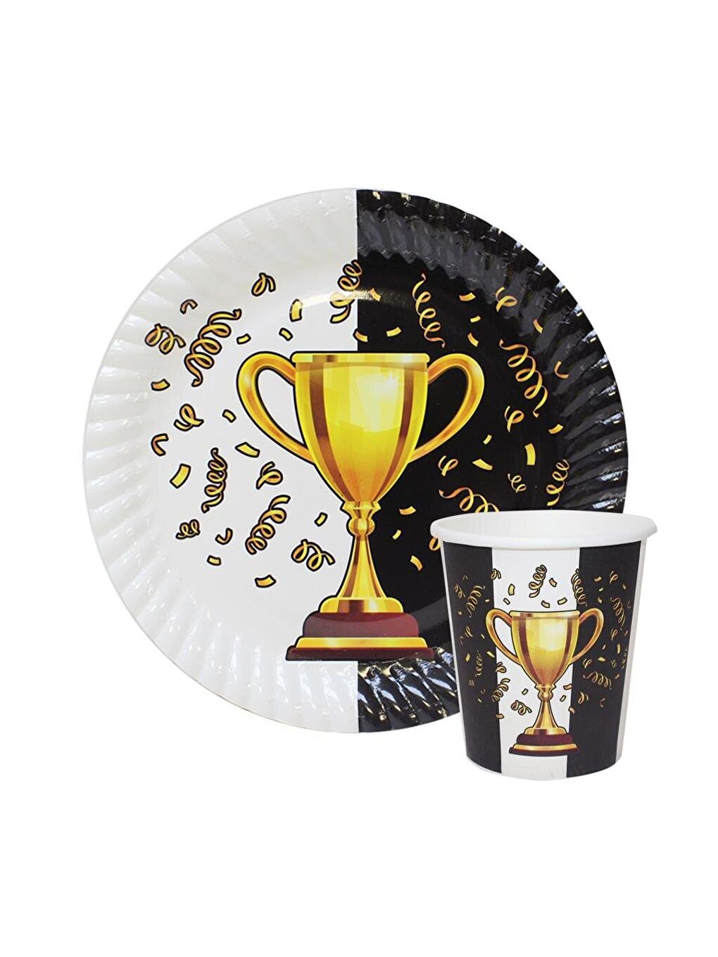 Siyah Beyaz Taraftar Kupa Temalı Karton Tabak Bardak Set 8'li-1