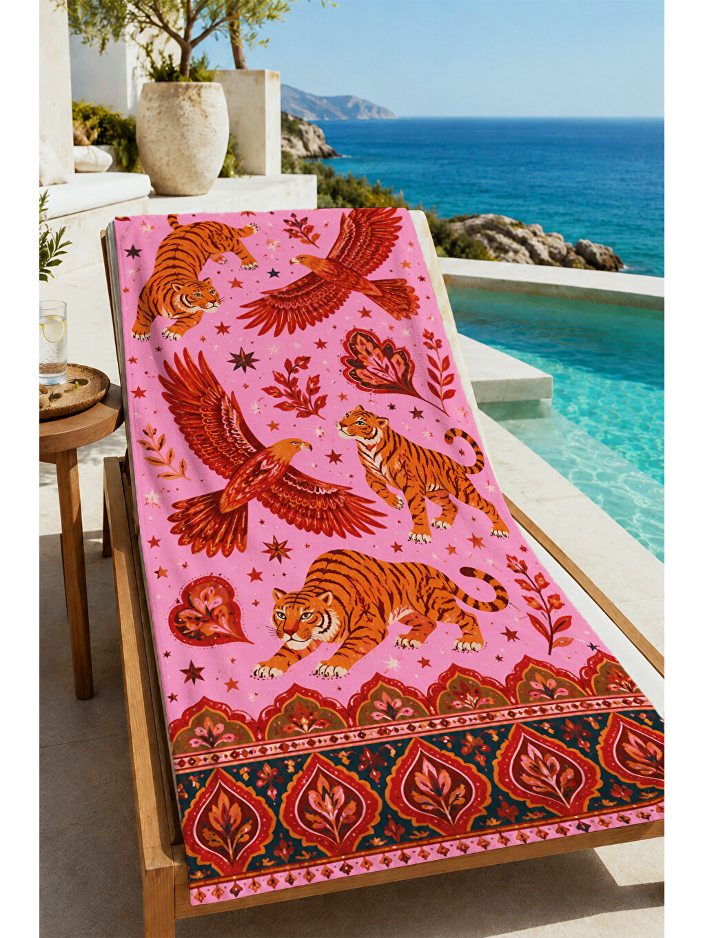 Folk Art Pembe Kuş Ve Çiçek Desenli 70x150 Plaj Havlusu - Dijital Baskılı Solmaz Banyo Havlusu-1