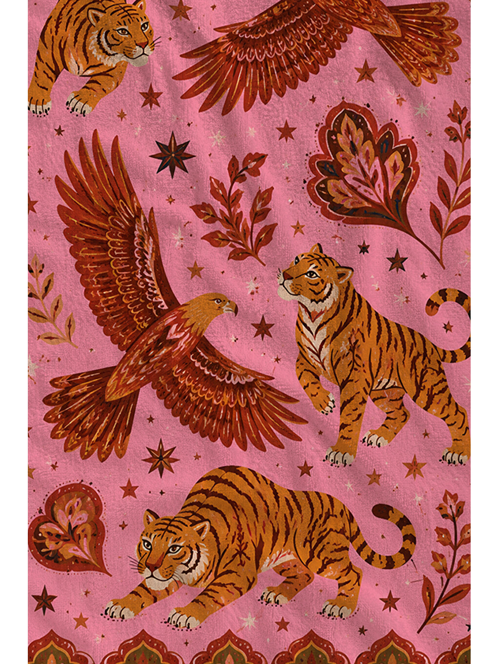 Folk Art Pembe Kuş Ve Çiçek Desenli 70x150 Plaj Havlusu - Dijital Baskılı Solmaz Banyo Havlusu-2