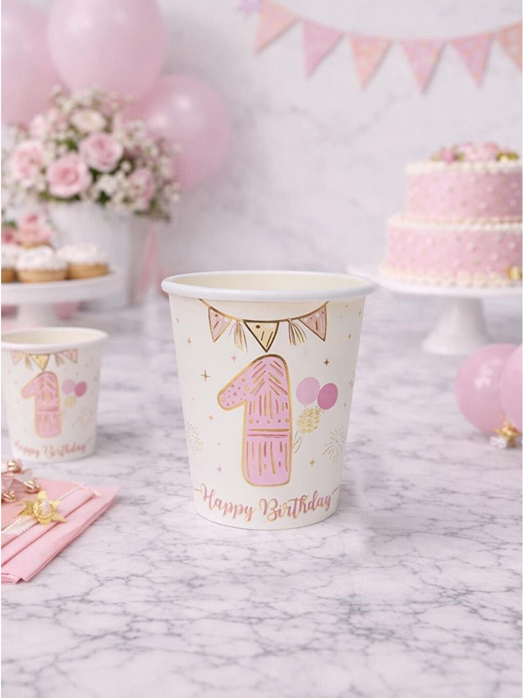 1 Yaş Pembe Gold Doğum Günü Parti Bardağı – 6'lı