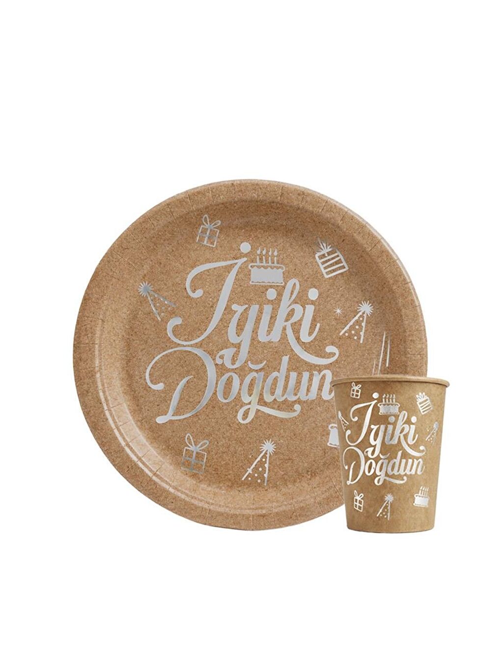 Kahverengi İyi Ki Doğdun Yazılı Doğum Günü Parti Tabak Bardak Set Gümüş Kraft 8'li-1
