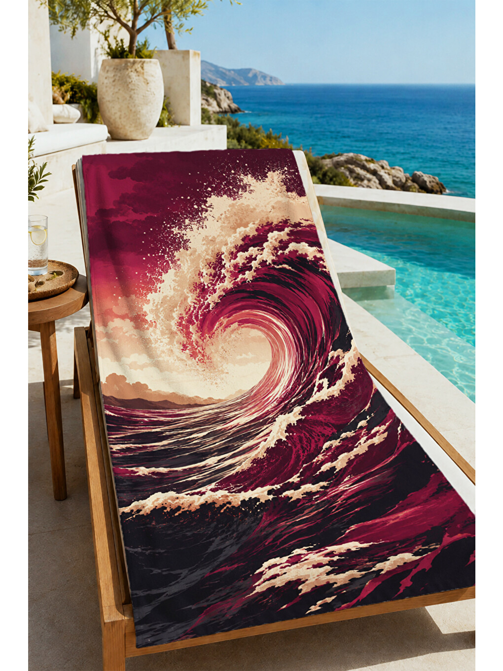 Dramatik Bordo Okyanus Dalgası Desenli 70x150 Plaj Havlusu - Dijital Baskılı Banyo Havlusu-4