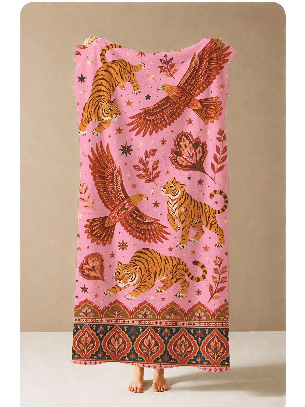 Folk Art Pembe Kuş Ve Çiçek Desenli 70x150 Plaj Havlusu - Dijital Baskılı Solmaz Banyo Havlusu-4