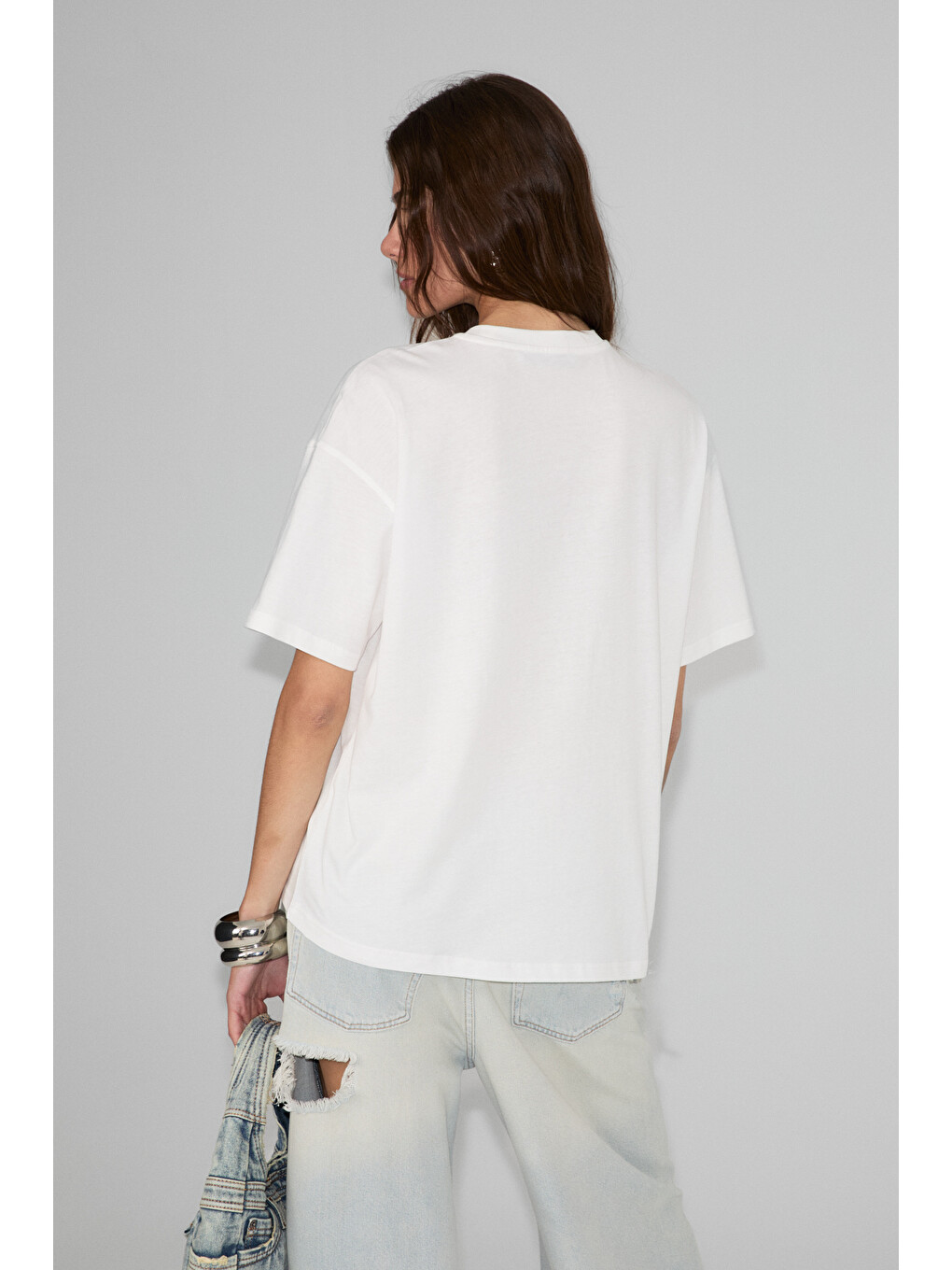 Cassıane Kadın Bisiklet Yaka Kısa Kollu Ön Ve Arka Baskılı Regular Beyaz T-shirt-4