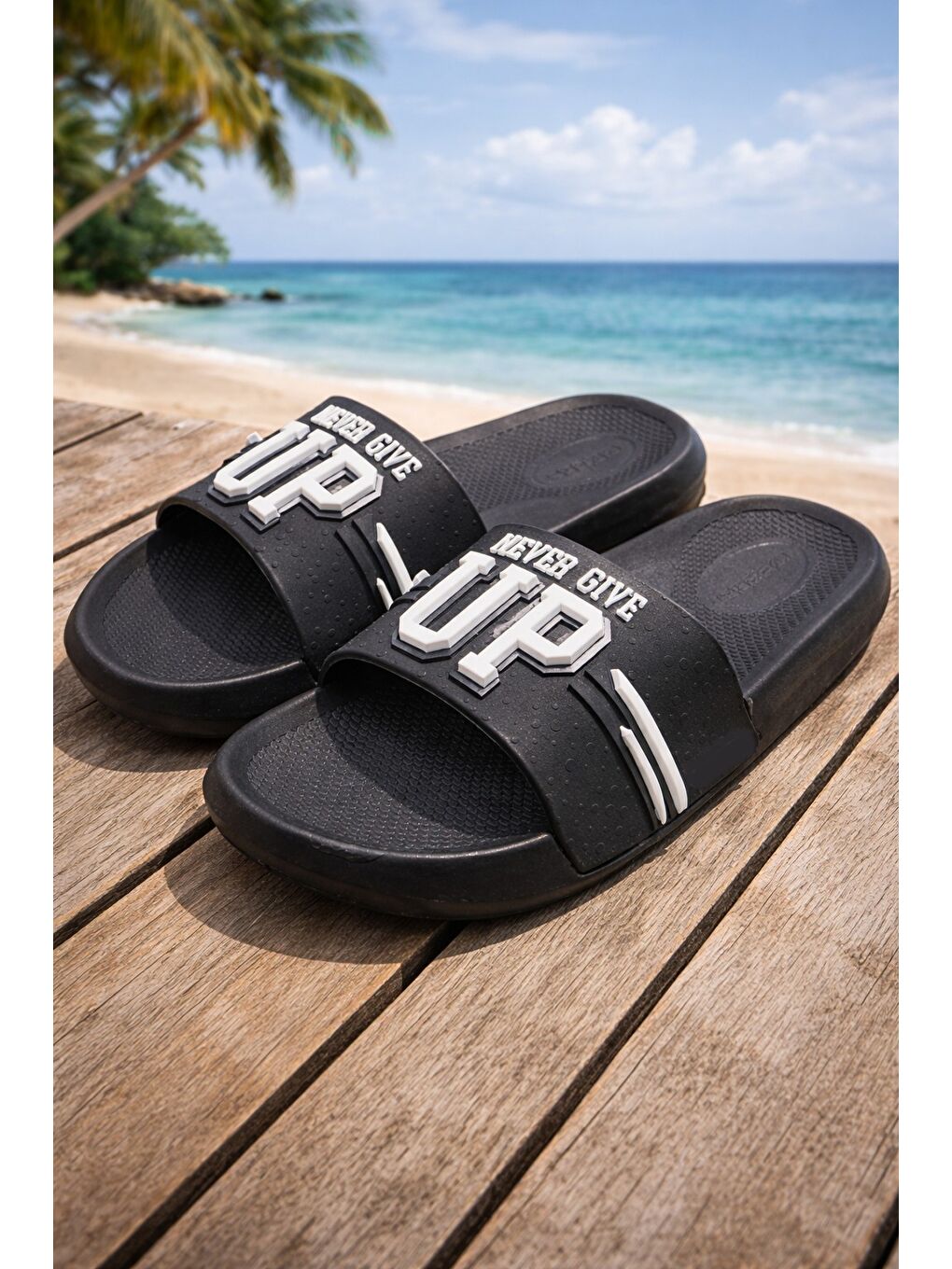 Siyah NEVER GIVE UP Erkek Terlik Deniz Plaj Havuz Terliği Banyo Bahçe Balkon Hastane Ev Terliği